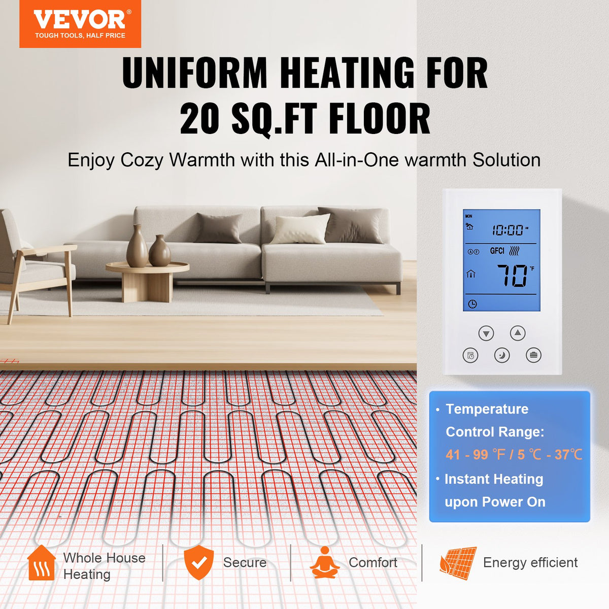 Electric Floor Heating Mat Kit, 20 sq ft, with Programmable Thermostat – image 2