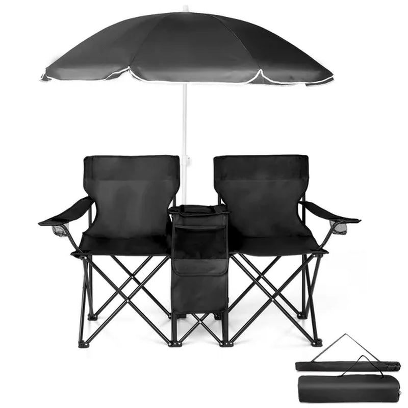 Double Folding Camp Chair with Removable Sun Umbrella – image 2