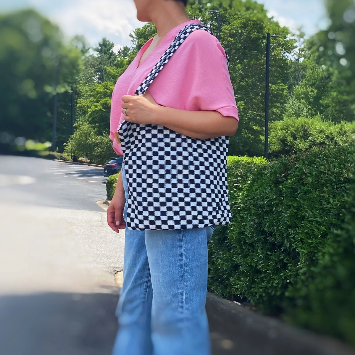 Checkered Tote Bag - Zippered Lined Shoulder Tote with Pocket – image 12