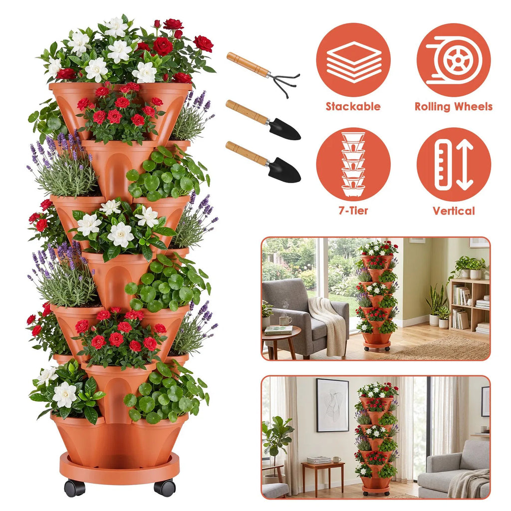 7-Tier Stackable Vertical Planter Tower with Wheels and Tools – image 2