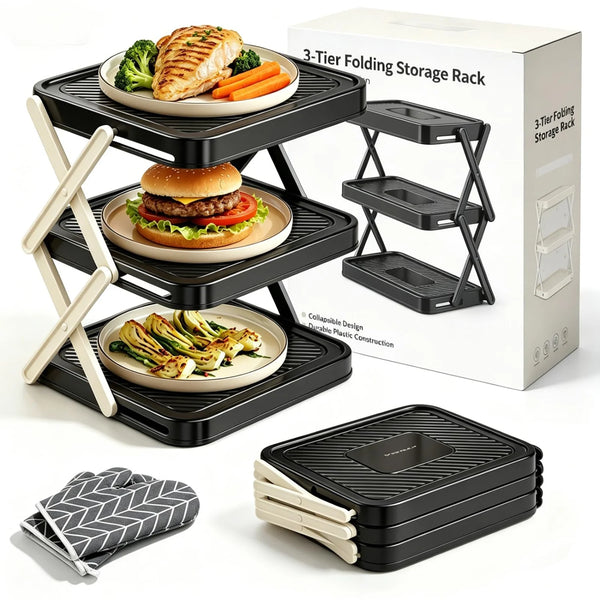 Plate Organizer Rack, 3-Tier Foldable Dish & Prep Tray Storage Stand