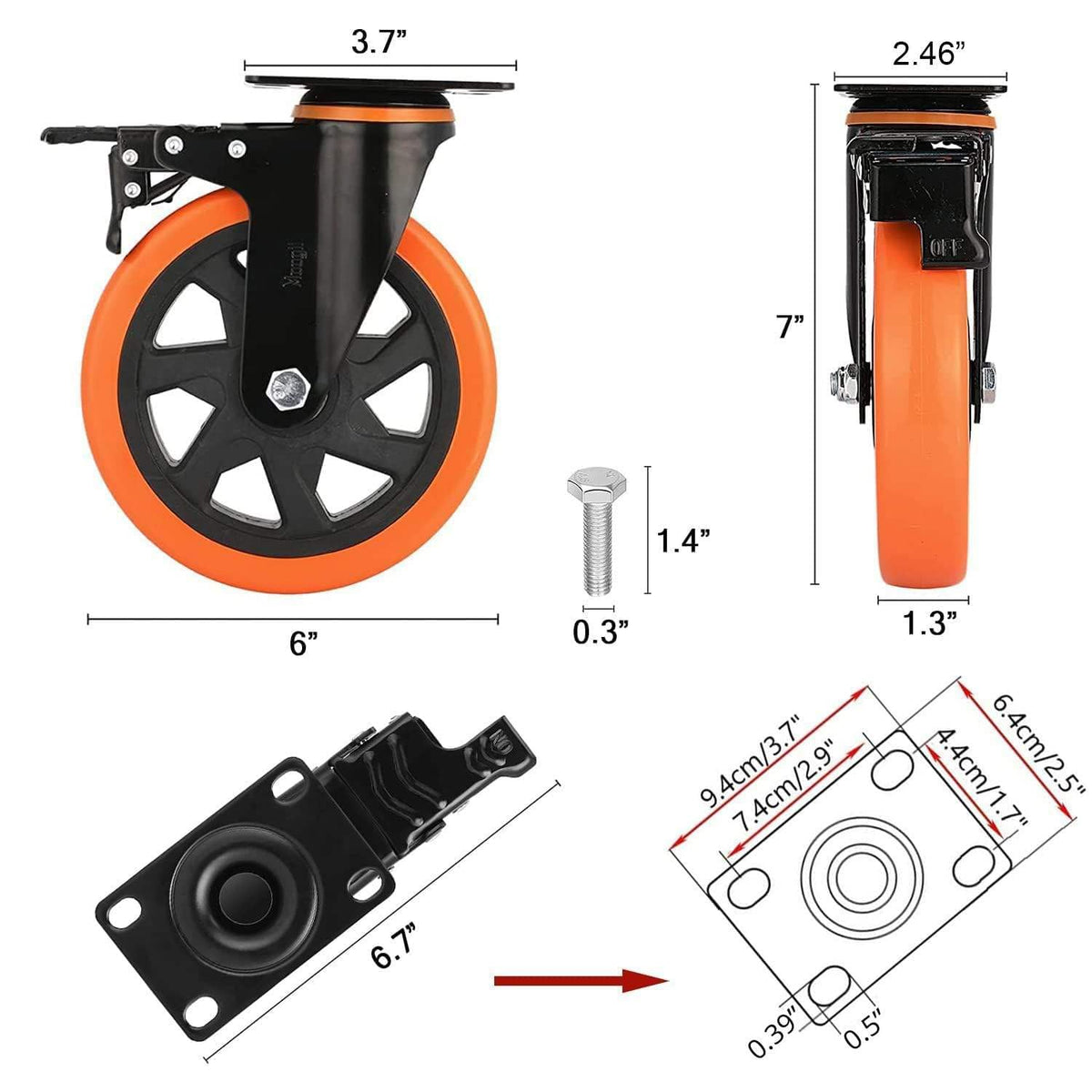 Work Cart Caster Wheels 6 in, Set of 4, 1390 lb, Dual Locking Brakes – image 2