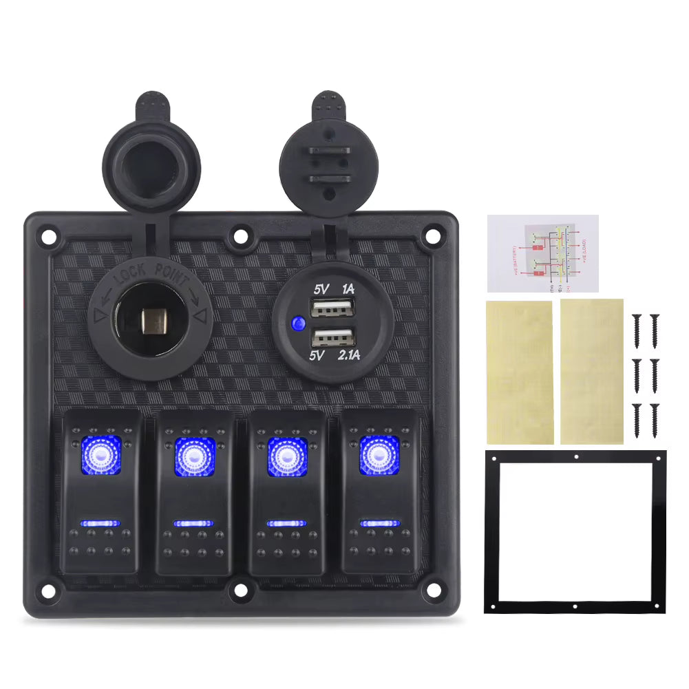 Rocker Switch Panel 4 Gang with Dual USB, 12V Waterproof Marine Panel