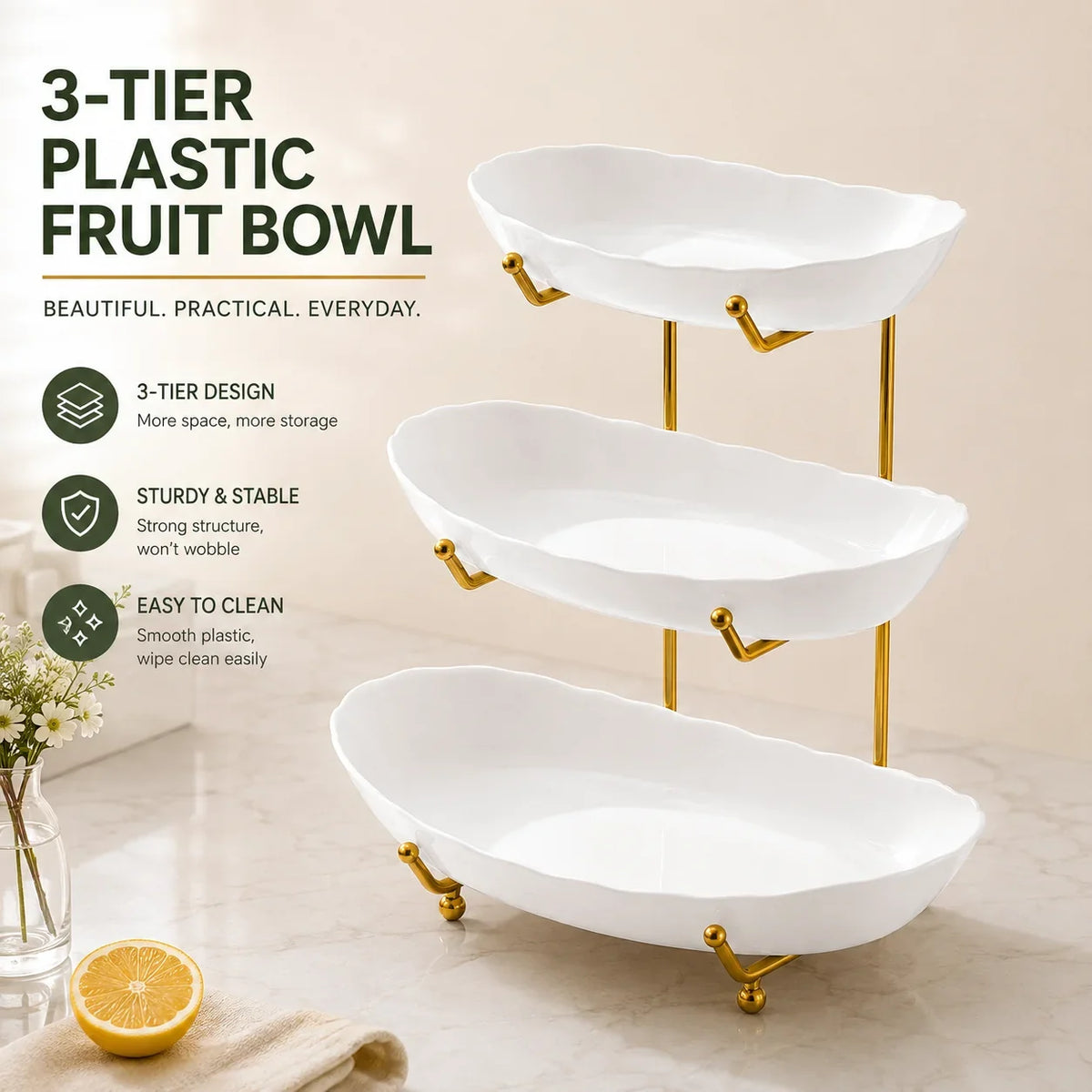Fruit Bowl Stand 3-Tier with Metal Frame, Countertop Basket
