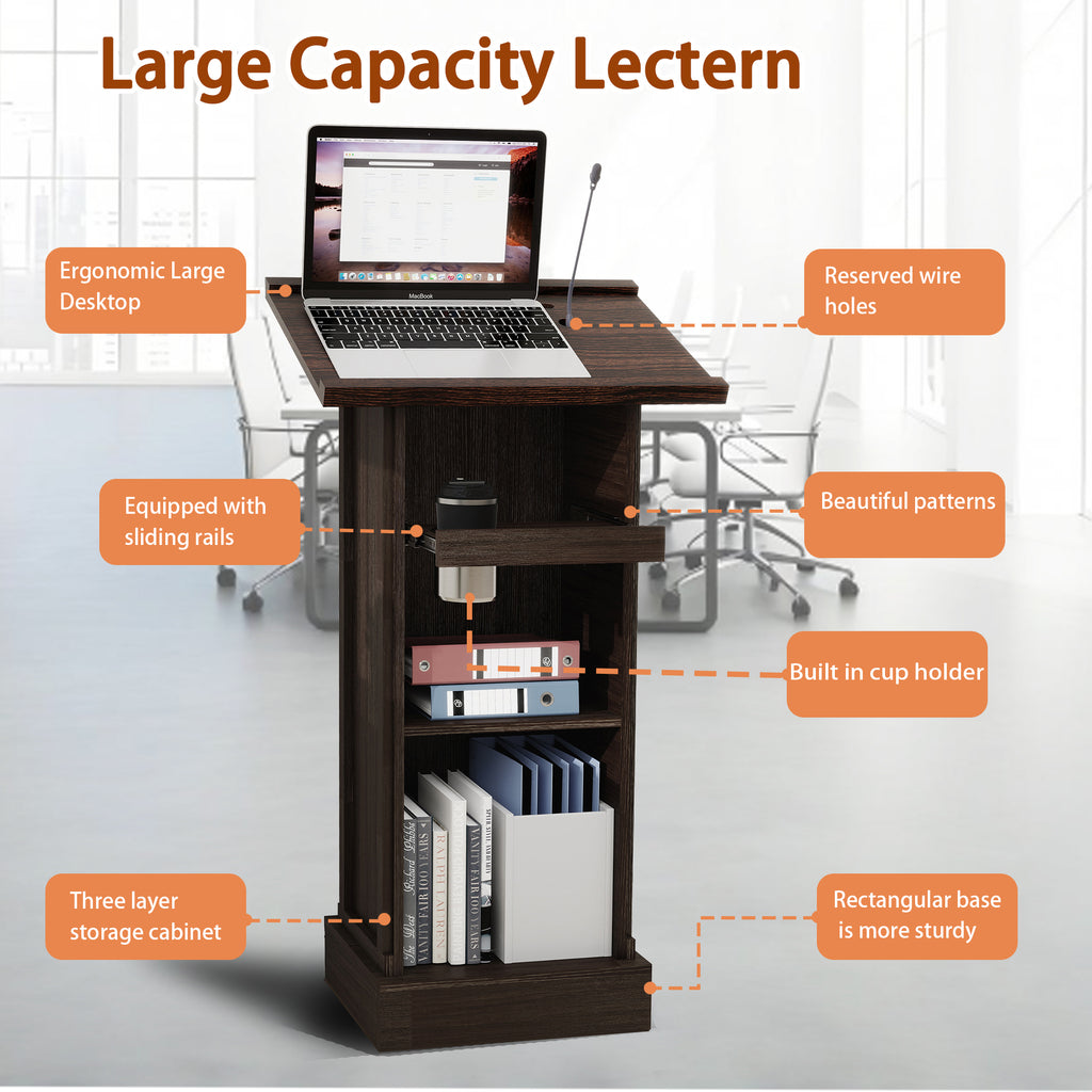 Wooden Lectern Podium 44 Inch with Sliding Shelf, Rustic Brown – image 2