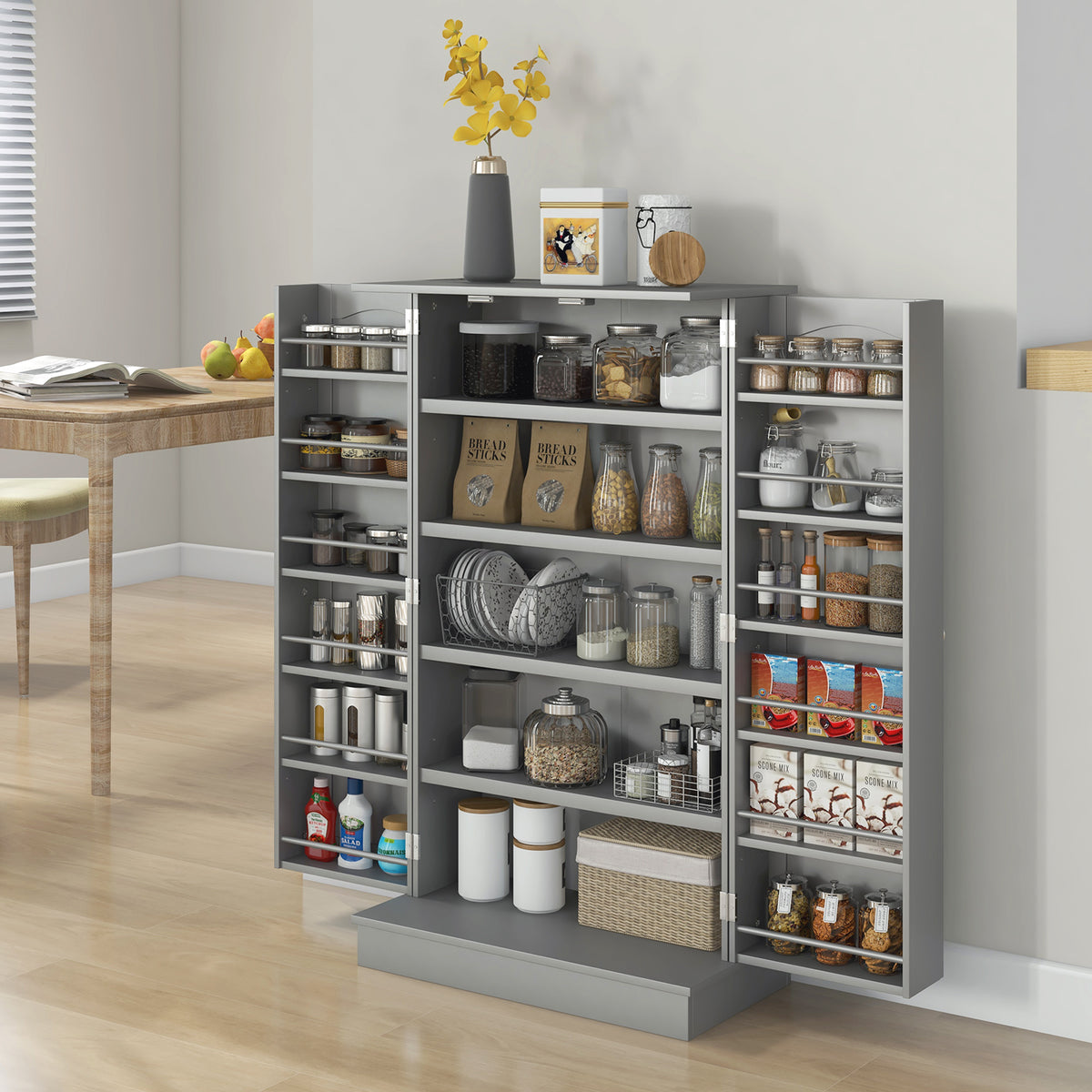 Kitchen Pantry Cabinet with 12 Door Spice Racks, 5-Tier, Gray – image 2