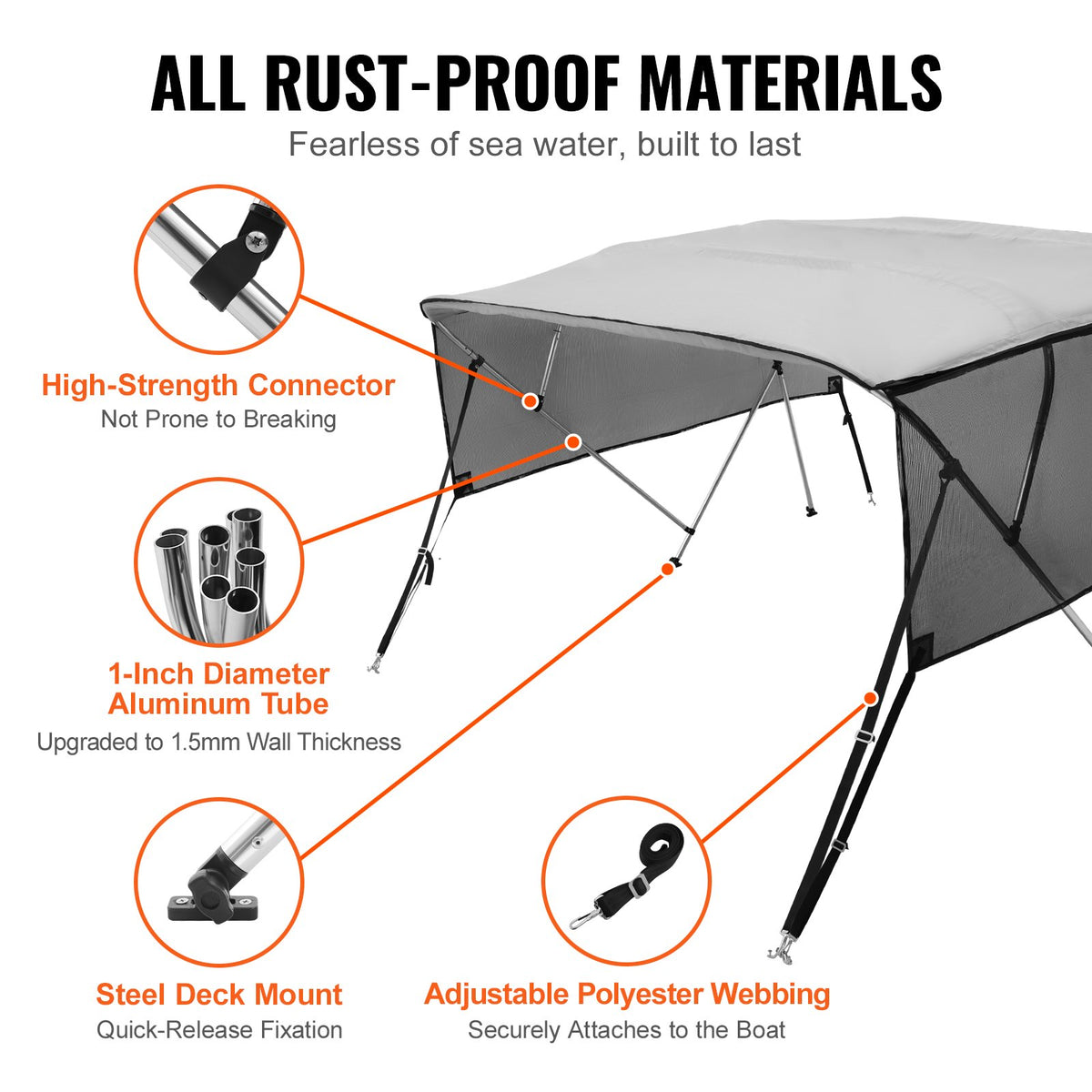 4 Bow Bimini Top Boat Cover, Detachable Mesh Sidewalls, 600D Polyester Canopy with 1" Aluminum Alloy Frame, Includes Storage Boot, 2 Straps, 2 Support Poles, 8'L X 54"H X 91"-96"W, Light Grey
