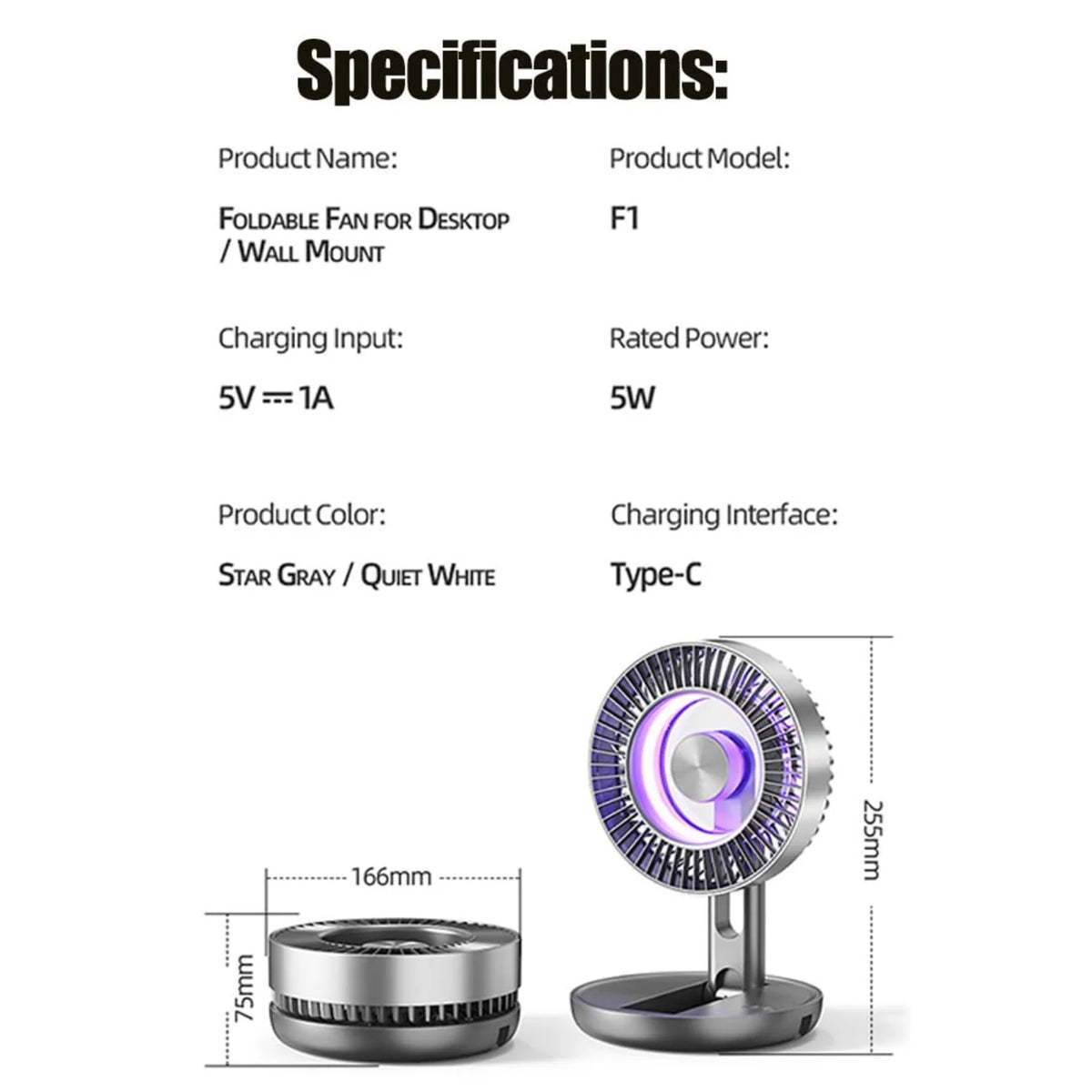 Portable Desk Fan, Foldable USB-C Rechargeable Fan with LED Light – image 2