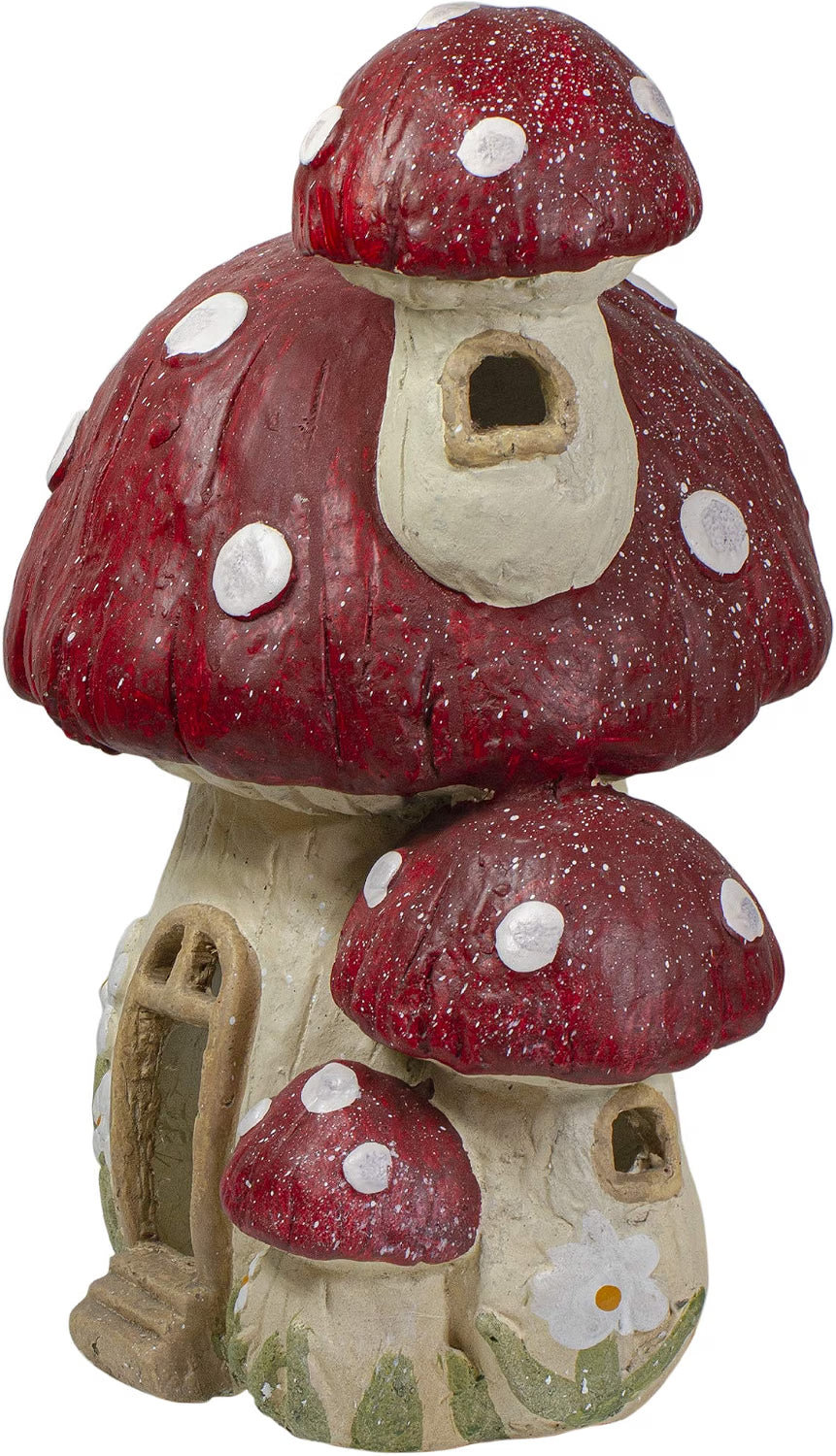 Mushroom House Garden Statue 18 in, Red and Beige Fairy Decor – image 3