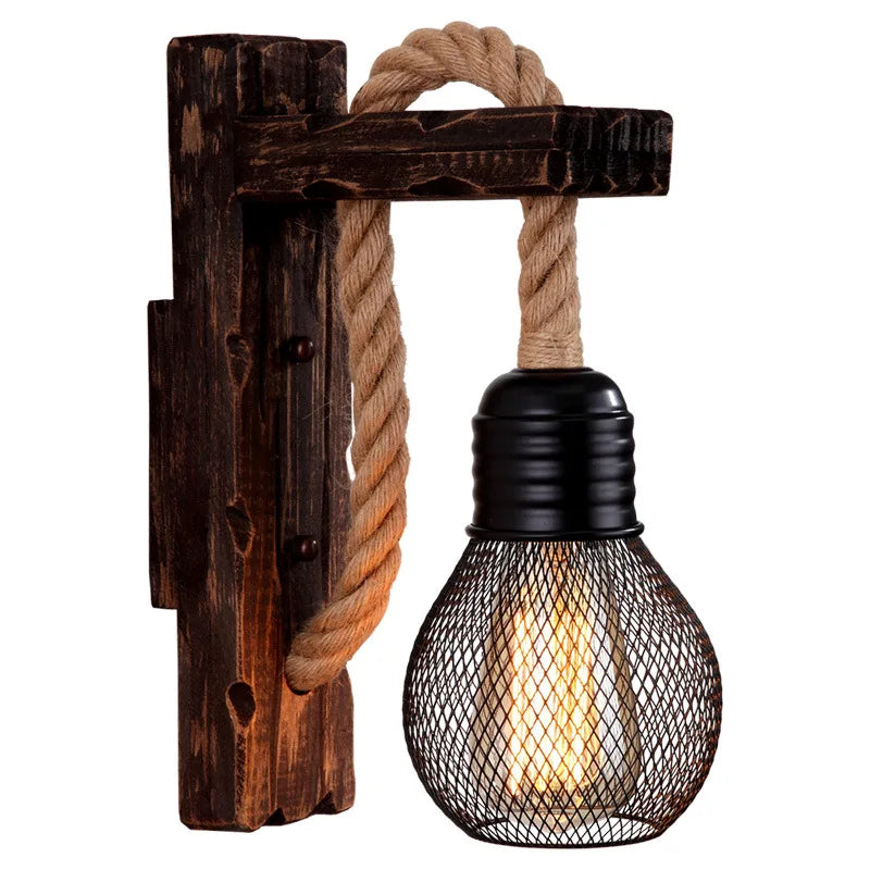 Vintage Rope Wall Lamp - Rustic Wood & Hemp Rope Wall Sconce Light Fixture