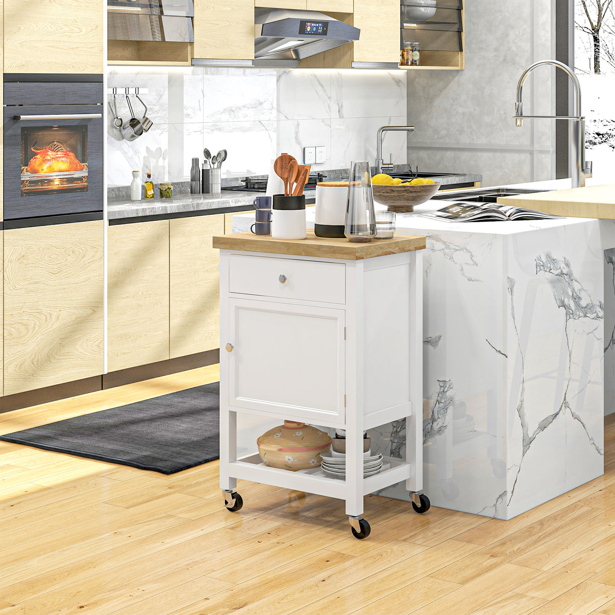 Kitchen Island Cart with Rubberwood Top, Wine Rack and Cabinet – image 7