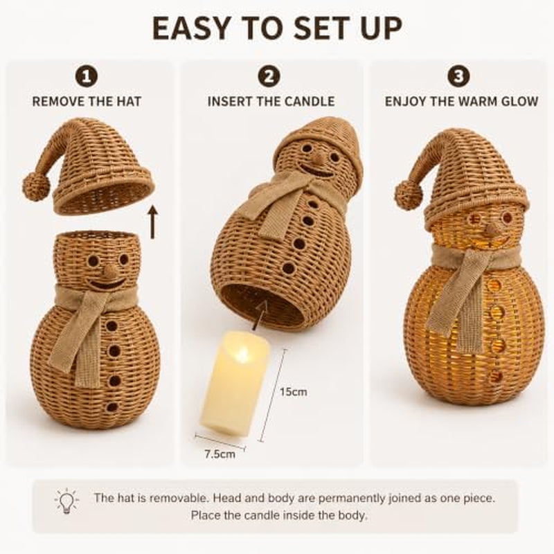 Rattan Snowman Figurine, Lighted Wicker Candle Holder 12 in – image 4