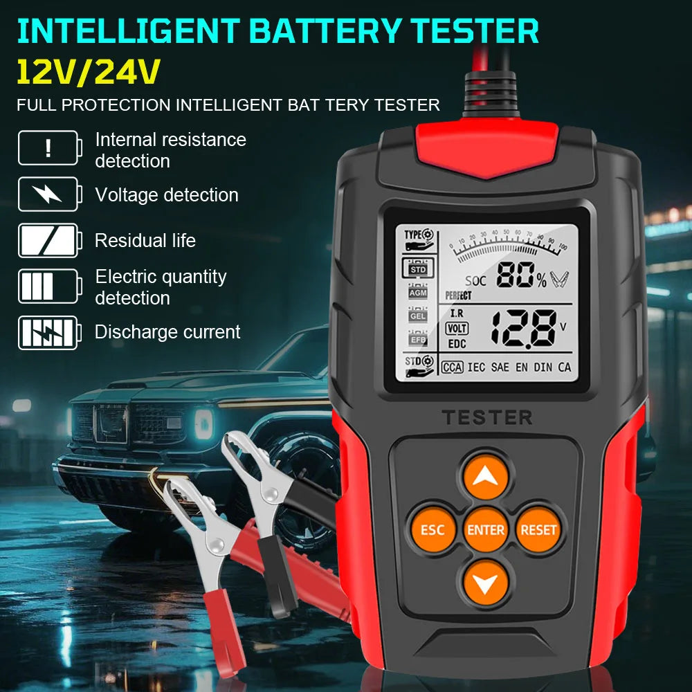 Car Battery Tester 12V/24V Digital Analyzer for Lead Acid, AGM, Gel – image 2