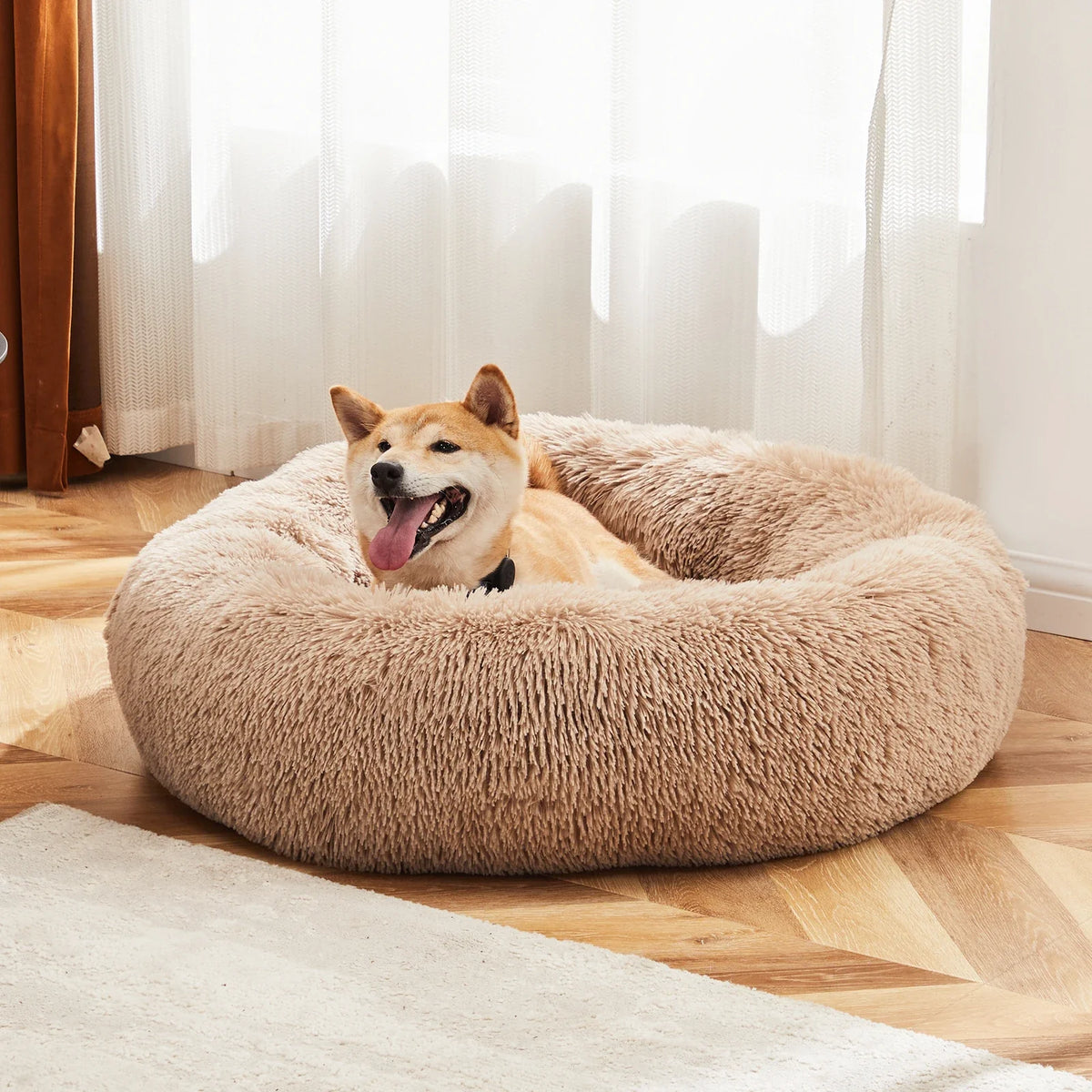 Round Plush Dog Bed, Washable Faux Fur Donut Bed for Large Dogs