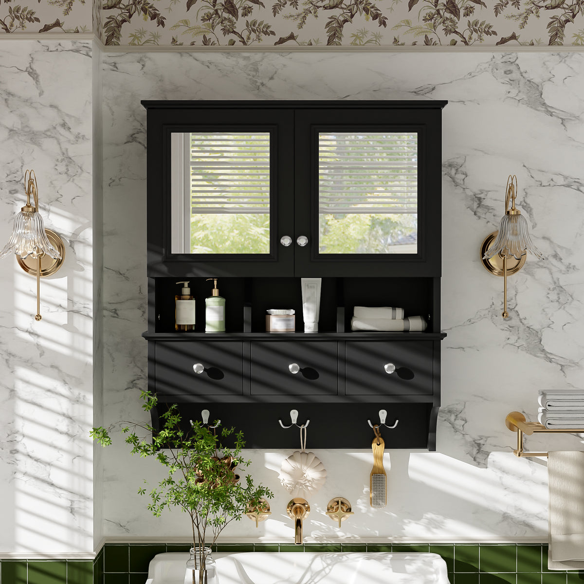 4-in-1 Bathroom Mirror Cabinet 24 in with Drawers and Hooks, Black – image 1