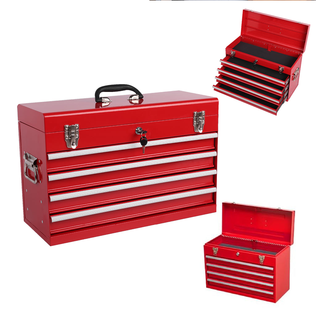 Metal Tool Box 21 in with 4 Drawers, Portable Locking Tool Chest, Red