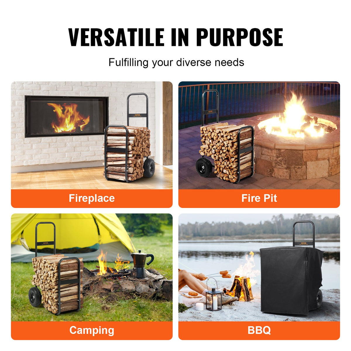 Firewood Log Cart, 250 Lbs Capacity, Outdoor and Indoor Wood Rack Storage Mover with PU Wheels Waterproof Cloth, Heavy Duty Steel Dolly Hauler, Firewood Carrier for Fireplace, Fire Pit, Black