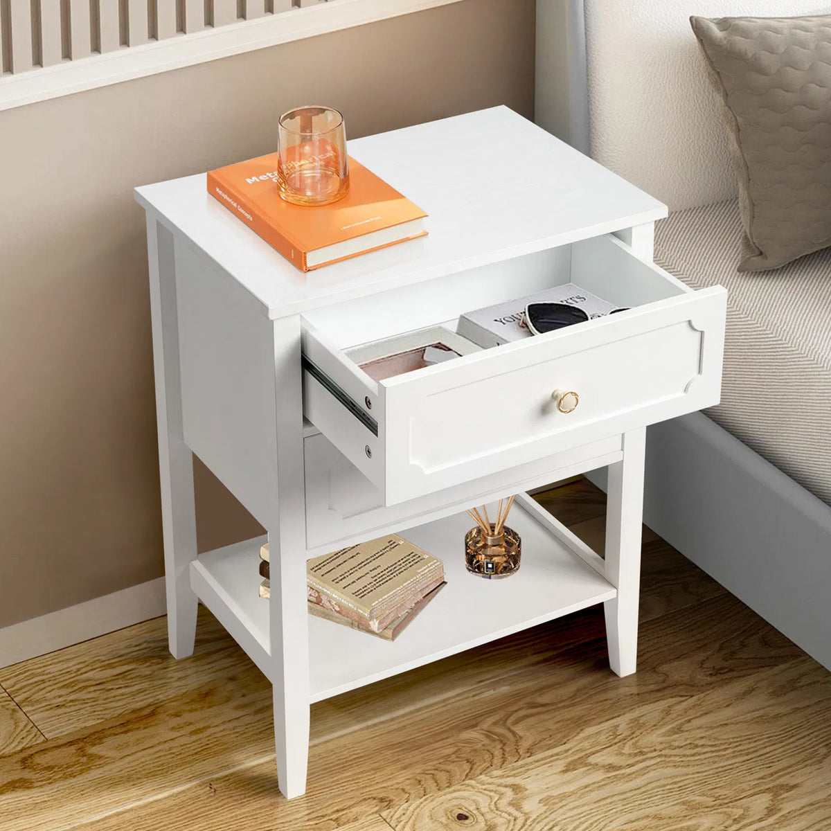 Solid Pine Wood Nightstand with 2 Drawers and Shelf, White