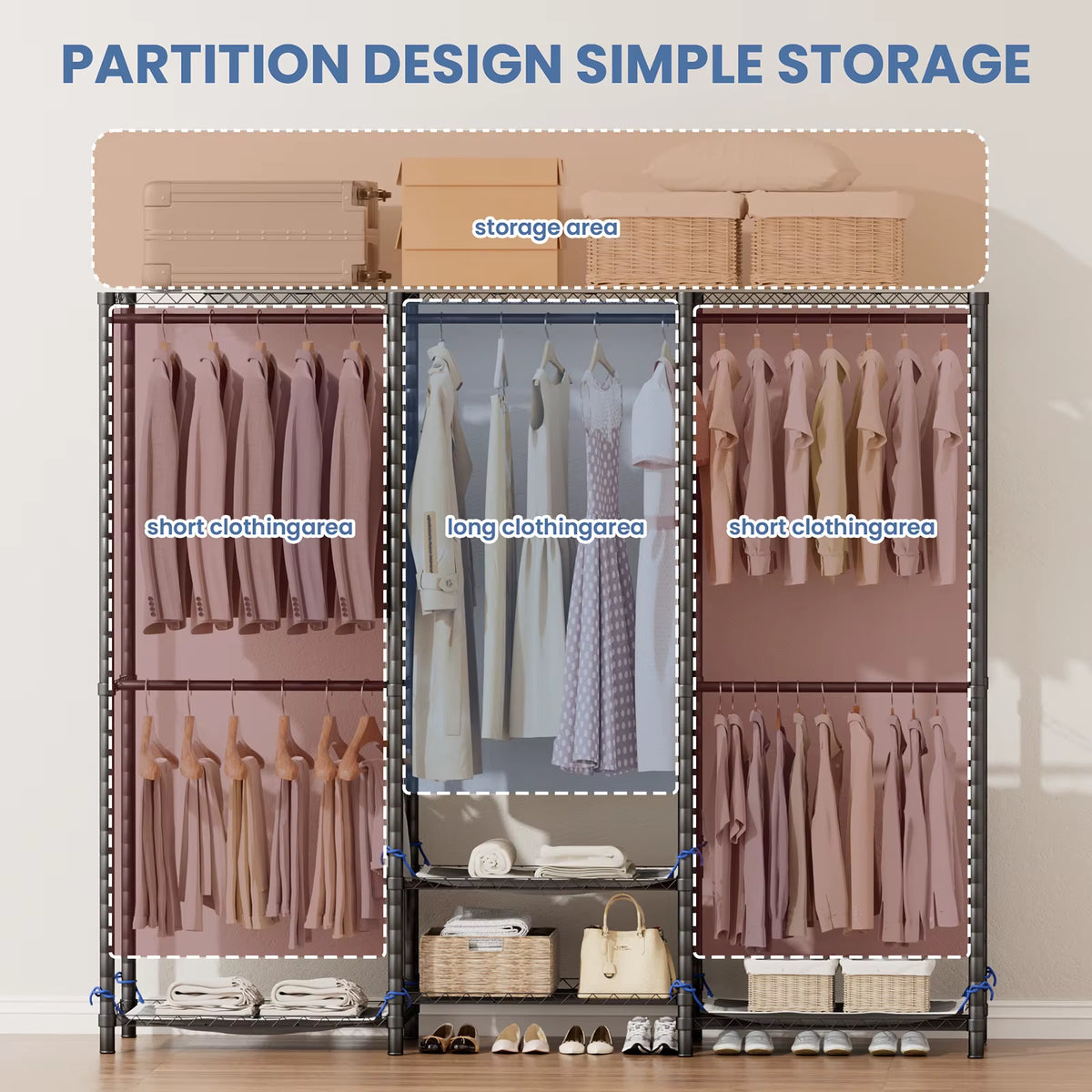 Freestanding Wardrobe Clothes Rack with Dust Cover, 960 lb Capacity – image 2