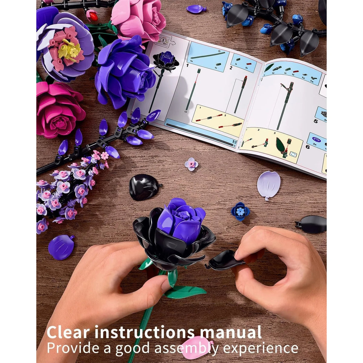 Rose Bouquet Building Set – Purple Botanical Blocks Decor – image 6
