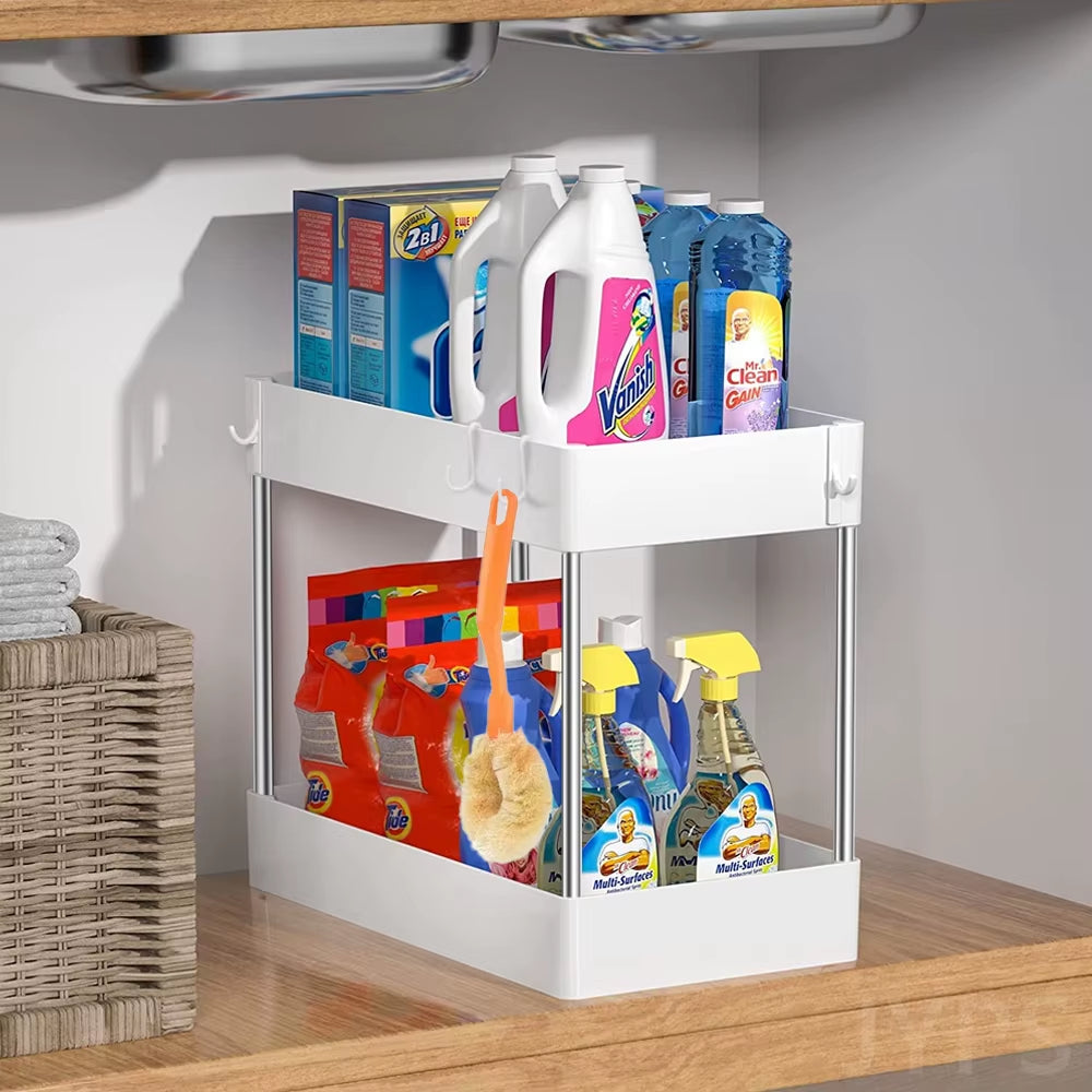 Under Sink Organizer 2-Tier - Cabinet Storage Rack with Hooks – image 2