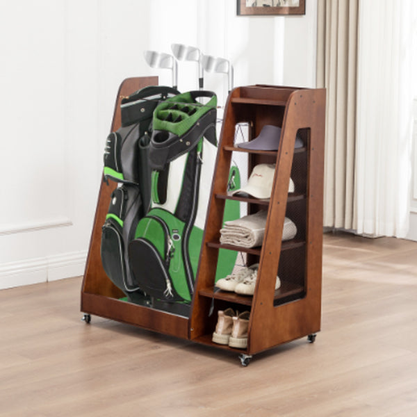 Wooden Golf Bag Organizer for 2 Bags With Shoe Shelves – image 1