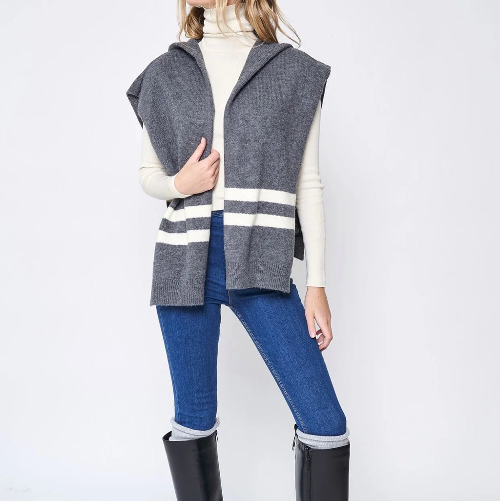 Hooded Sweater Scarf, Striped Knit Hoodie Wrap, Gray – image 6