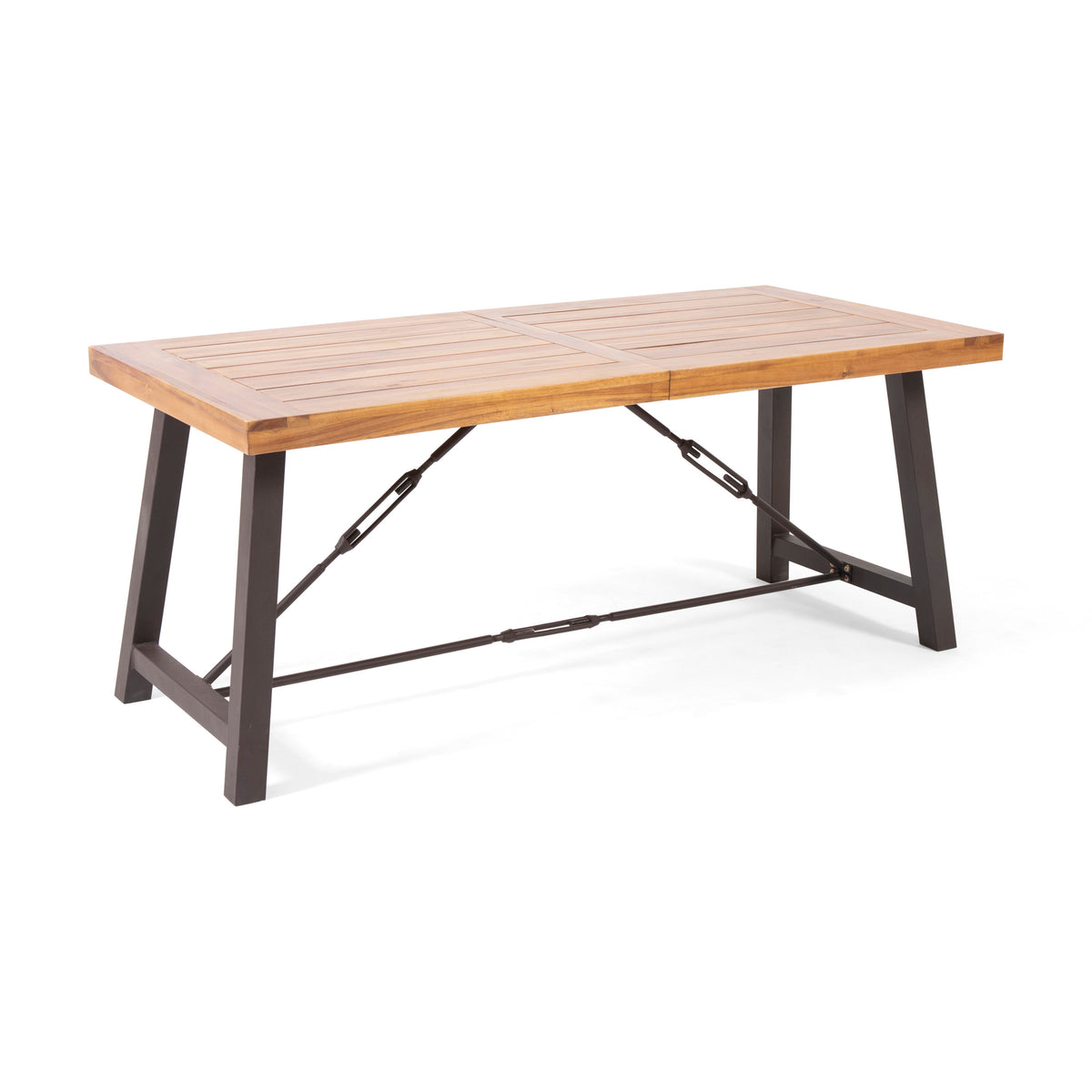 Outdoor Acacia Wood Dining Table 70 in, Metal Base, Teak Finish – image 5