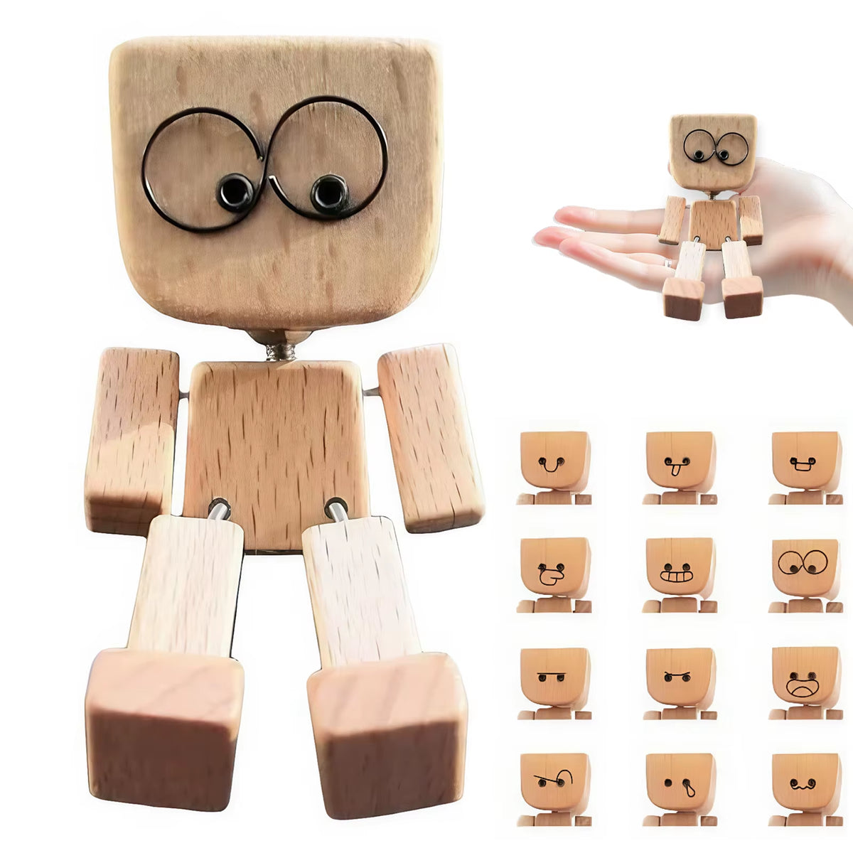 Car Dashboard Wiggle Wooden Man Figurine - Handmade Ornament with 12 Magnetic Faces