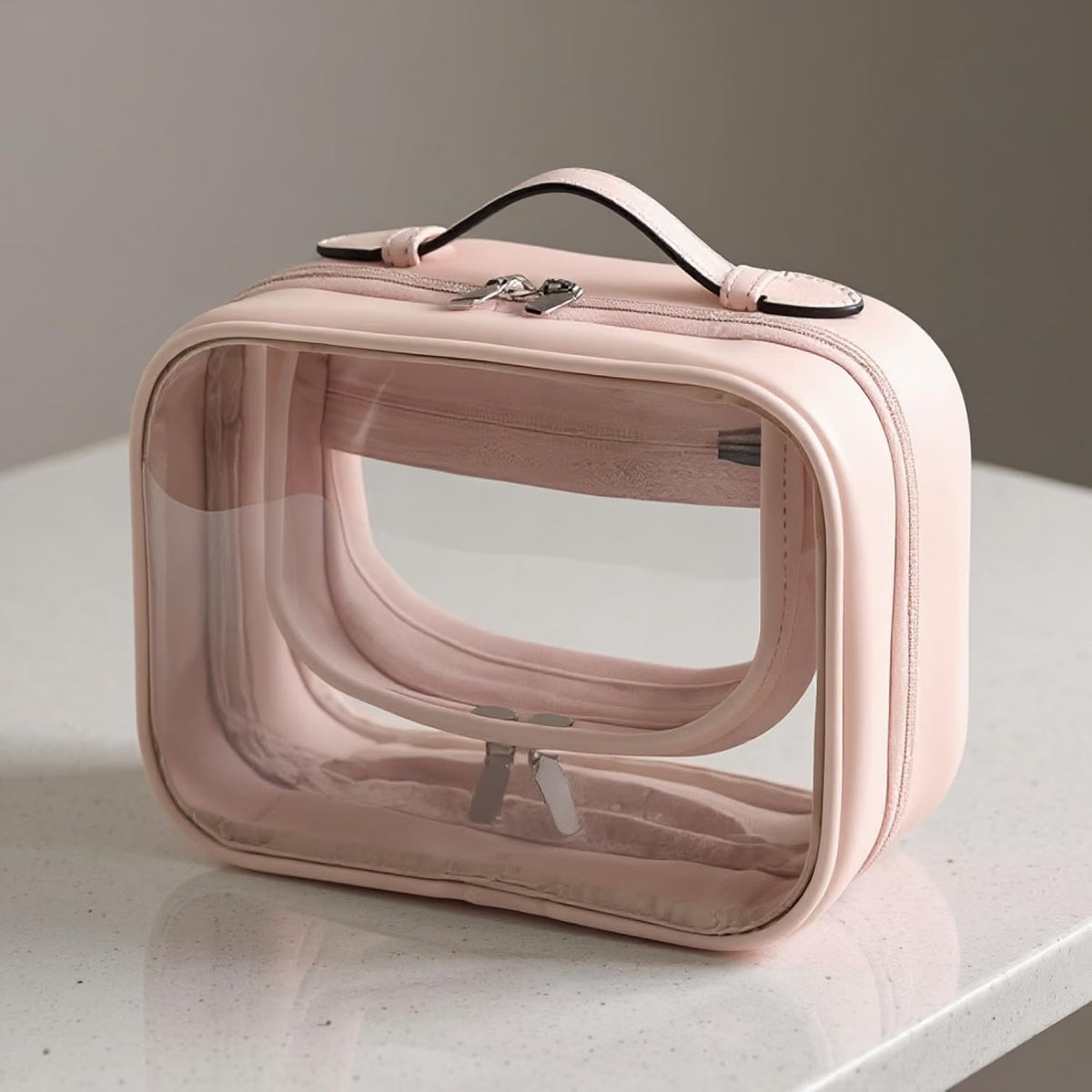 Clear Hanging Toiletry Bag, Pink Double-Layer PVC Makeup Organizer – image 2