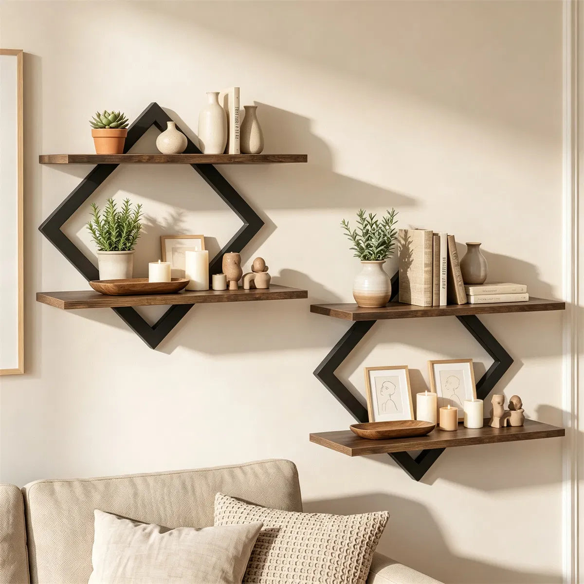 2-Tier Floating Wall Shelves Set of 2, Diamond Metal Frame, Rustic Brown – image 9