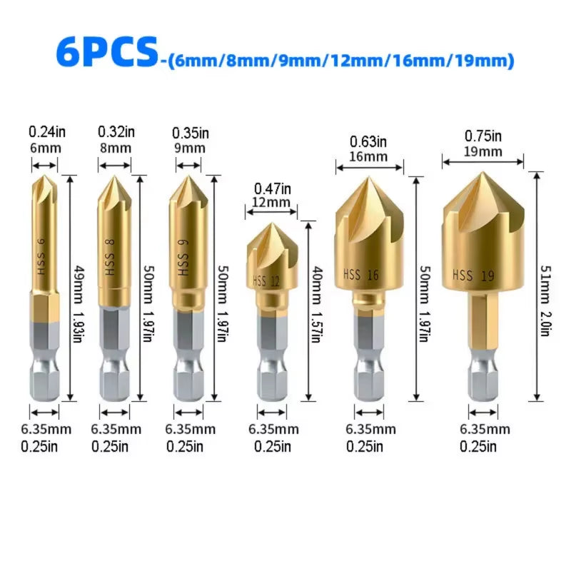 Countersink Drill Bit Set 6-Piece 5-Flute 90 Degree 1/4in Hex Shank – image 3