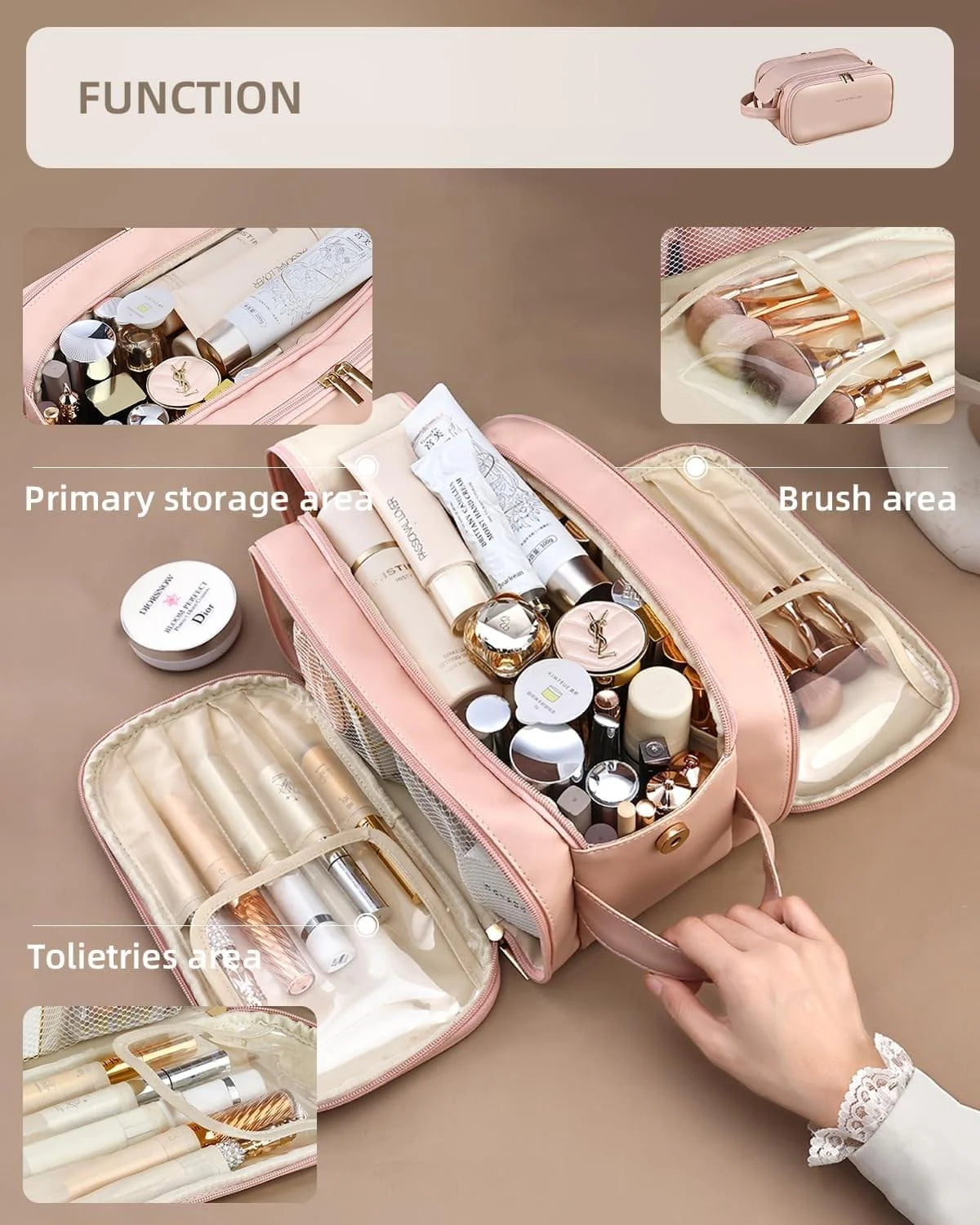 Travel Makeup Bag – Large Wide-Open PU Cosmetic Organizer, Pink – image 5
