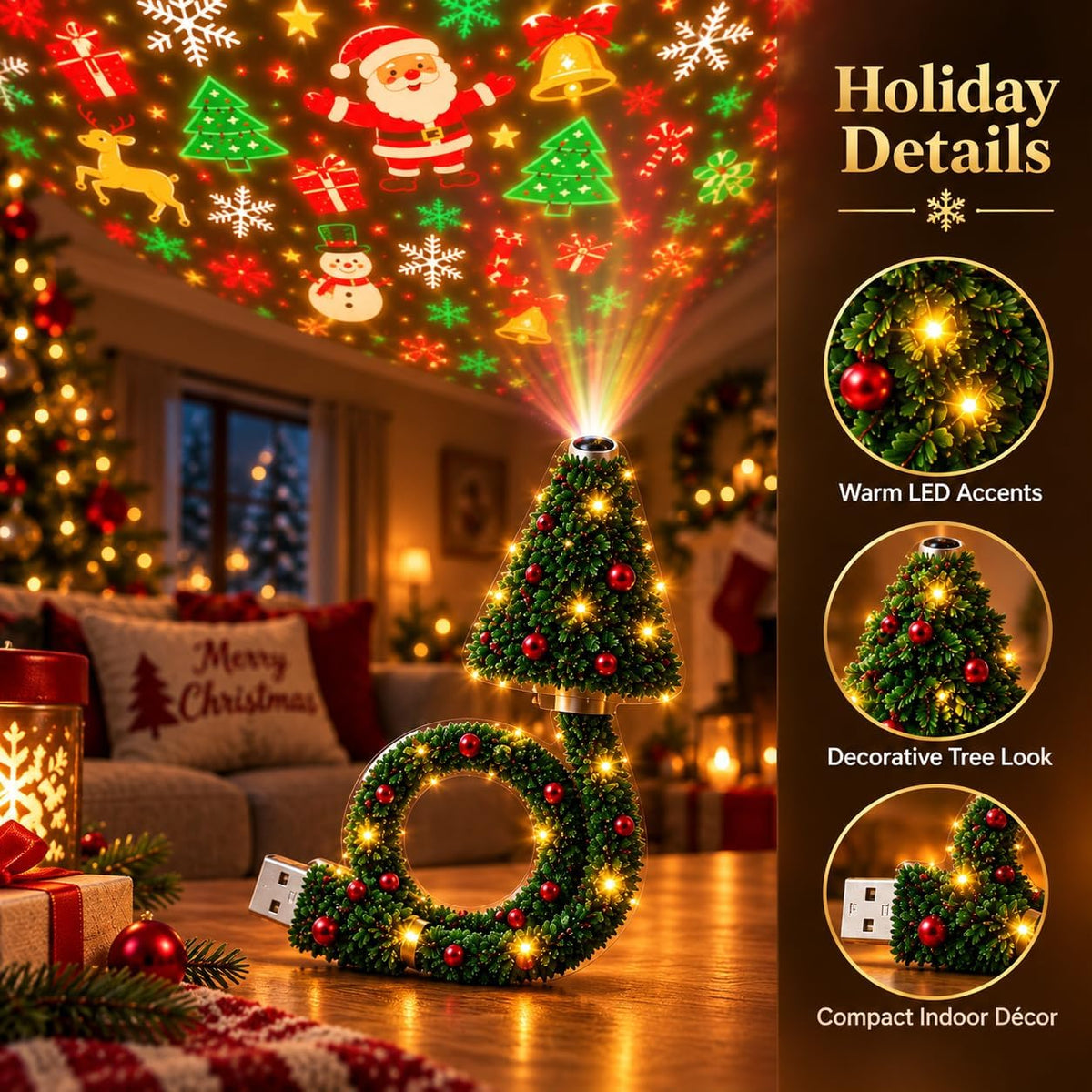 Christmas Tree Projector Light, USB Indoor Holiday Projector – image 2
