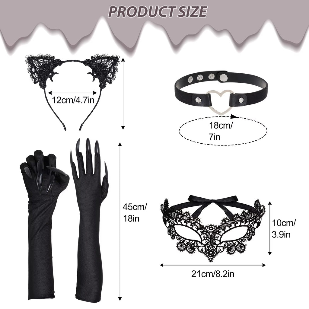 Black Cat Costume Accessories Set with Ears, Lace Mask, Claw Gloves – image 3