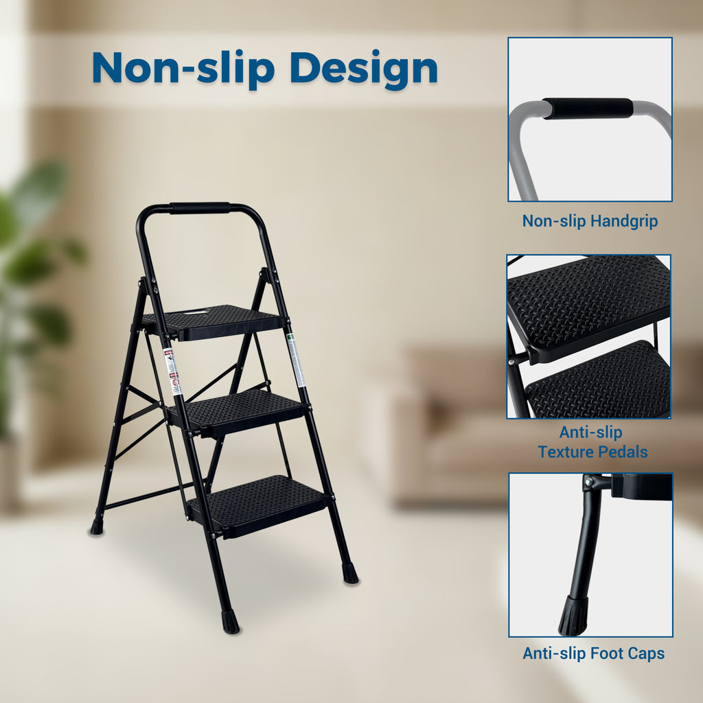 3 Step Ladder, Folding Steel Step Stool with Wide Anti-Slip Pedals – image 10