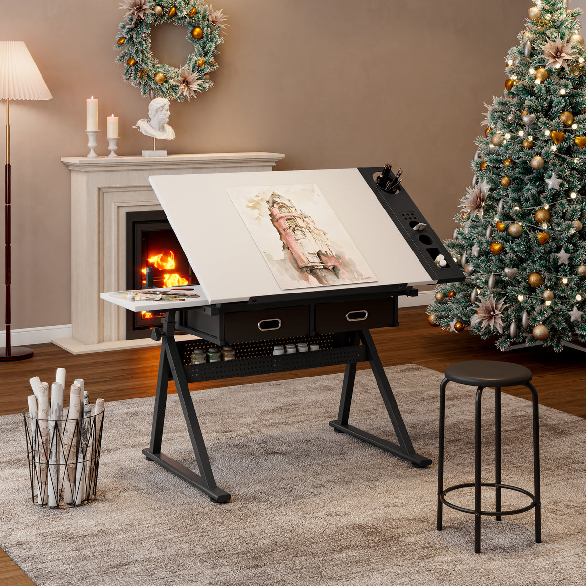 Tilting Drafting Table Desk with 2 Drawers and Stool, White – image 3