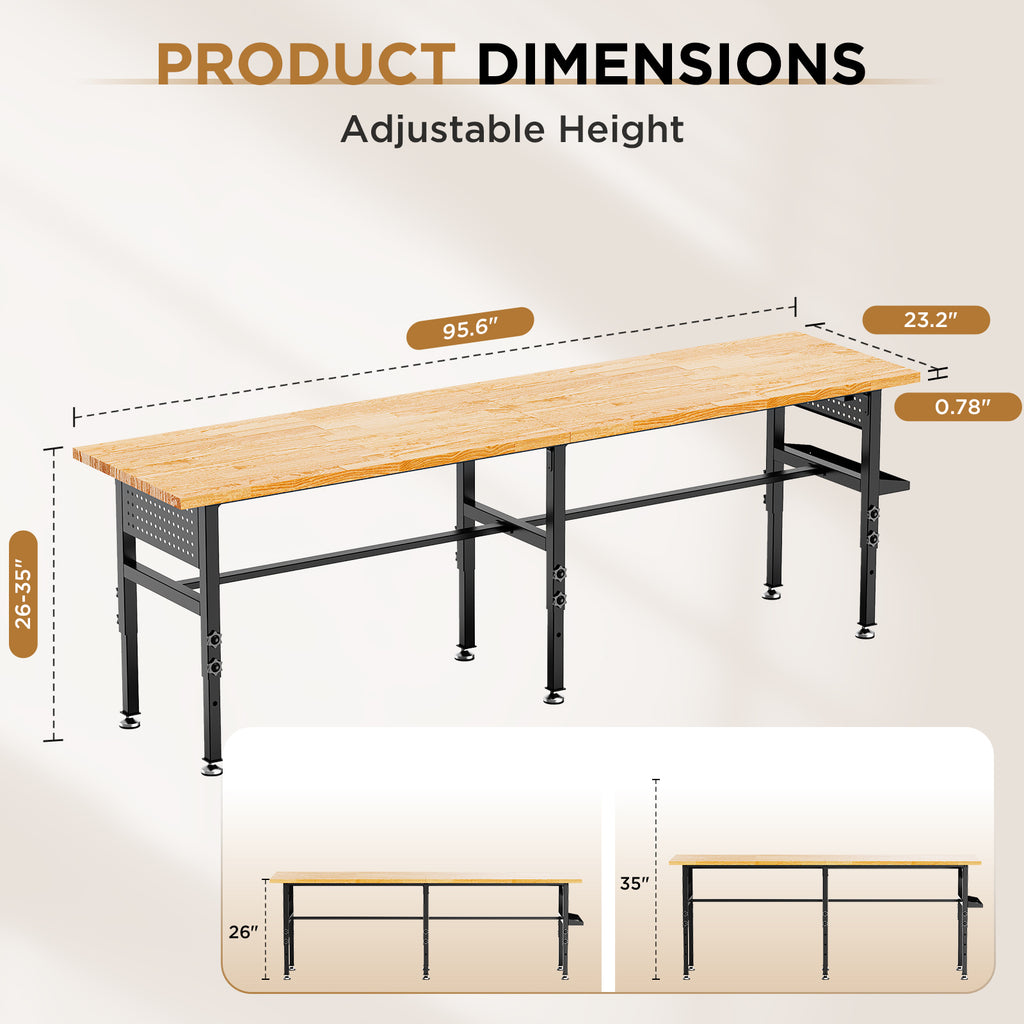 96 Inch Solid Wood Top Workbench With Side Pegboard And Outlet – image 3