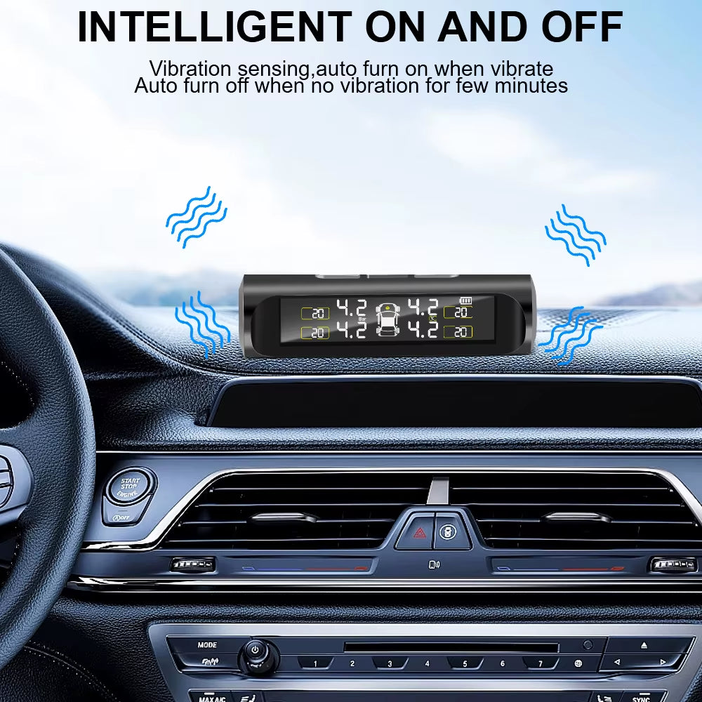 Solar Tire Pressure Monitoring System - Wireless TPMS with LCD Display & Alarm