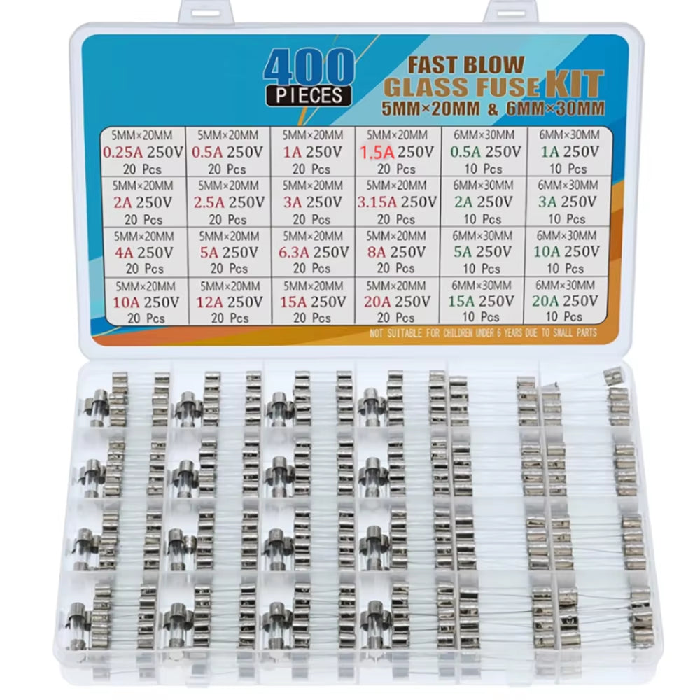 Glass Fuse Assortment Kit, 400 Pc Fast Blow 5x20mm and 6x30mm