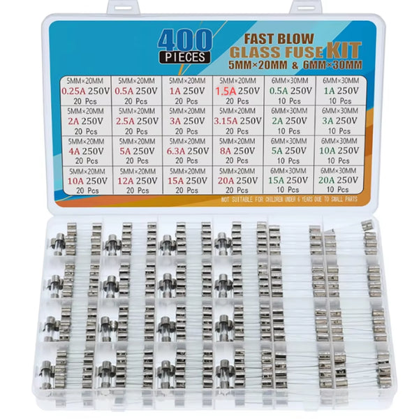 Glass Fuse Assortment Kit, 400 Pc Fast Blow 5x20mm and 6x30mm