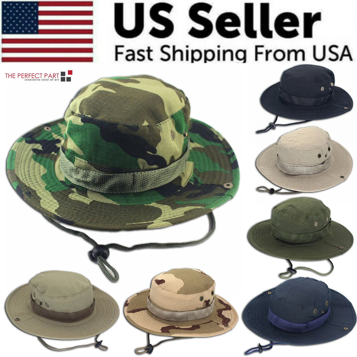 Work Sun Hat Camo Boonie - Wide Brim Outdoor Hat with Chin Strap