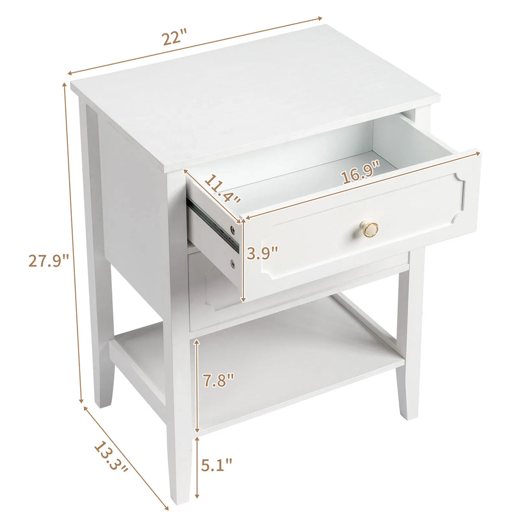 Solid Pine Wood Nightstand with 2 Drawers and Shelf, White