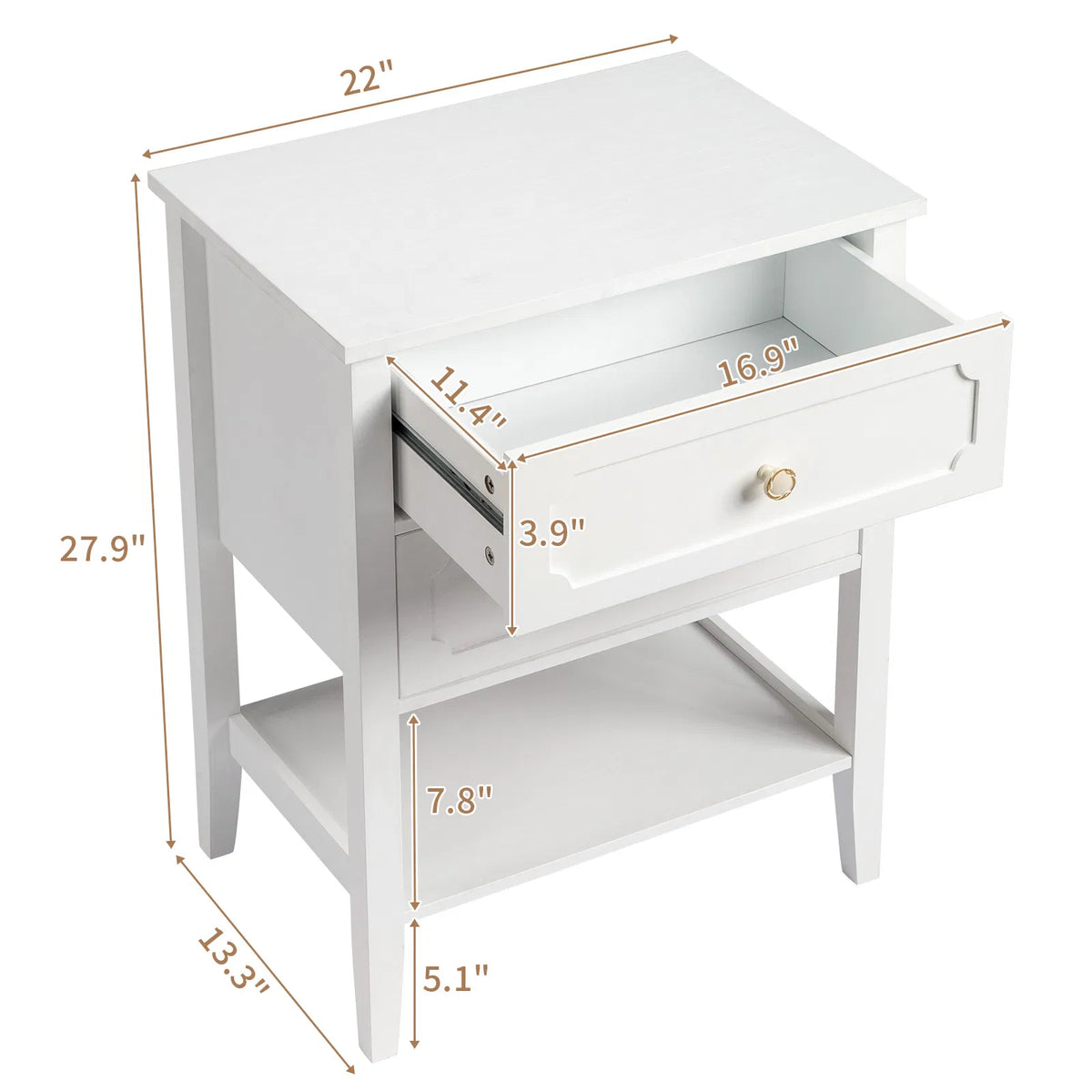Solid Pine Wood Nightstand with 2 Drawers and Shelf, White