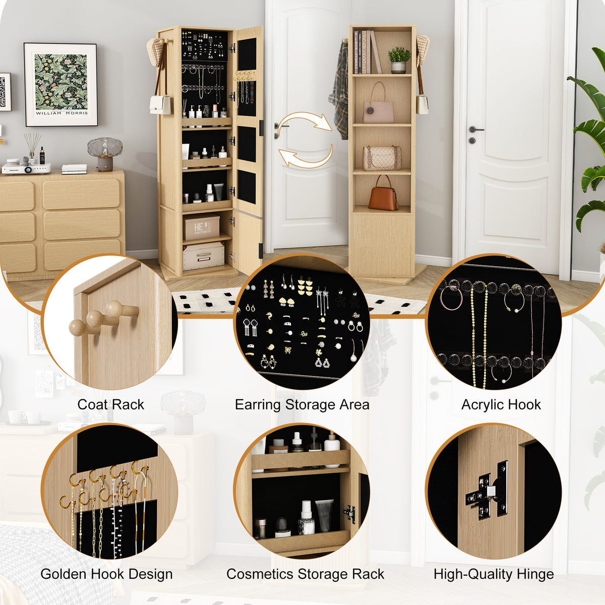 360° Rotating Makeup and Jewelry Cabinet with Full-Length Mirror – image 5