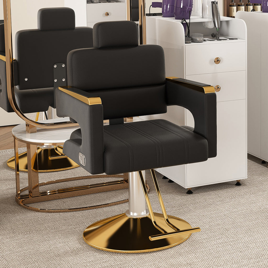 Reclining Barber Chair with Stainless Steel Armrests Black Gold – image 2