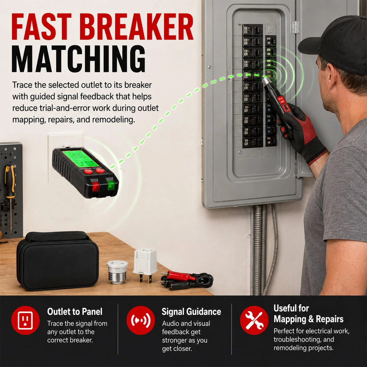 Electrical Circuit Breaker Finder & Outlet Tester Kit with LCD