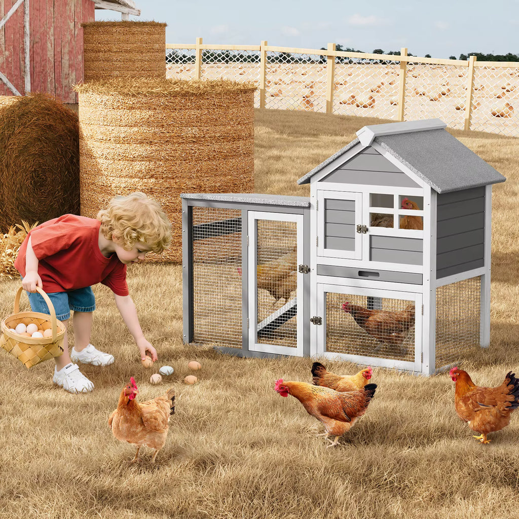 2-Story Wooden Rabbit Hutch and Small Chicken Coop with Ramp, Gray