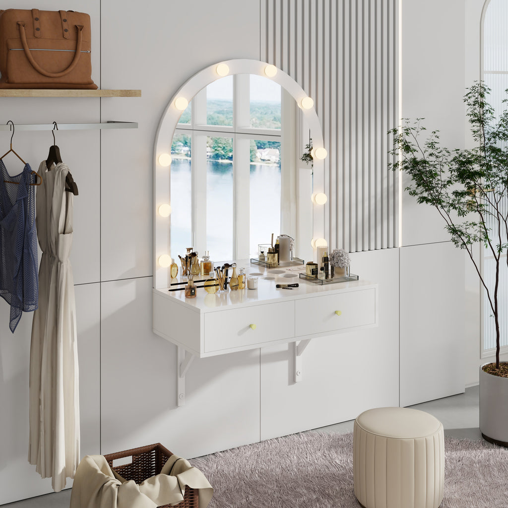 Floating Wall Makeup Vanity with Lighted Mirror and Power Outlets – image 1