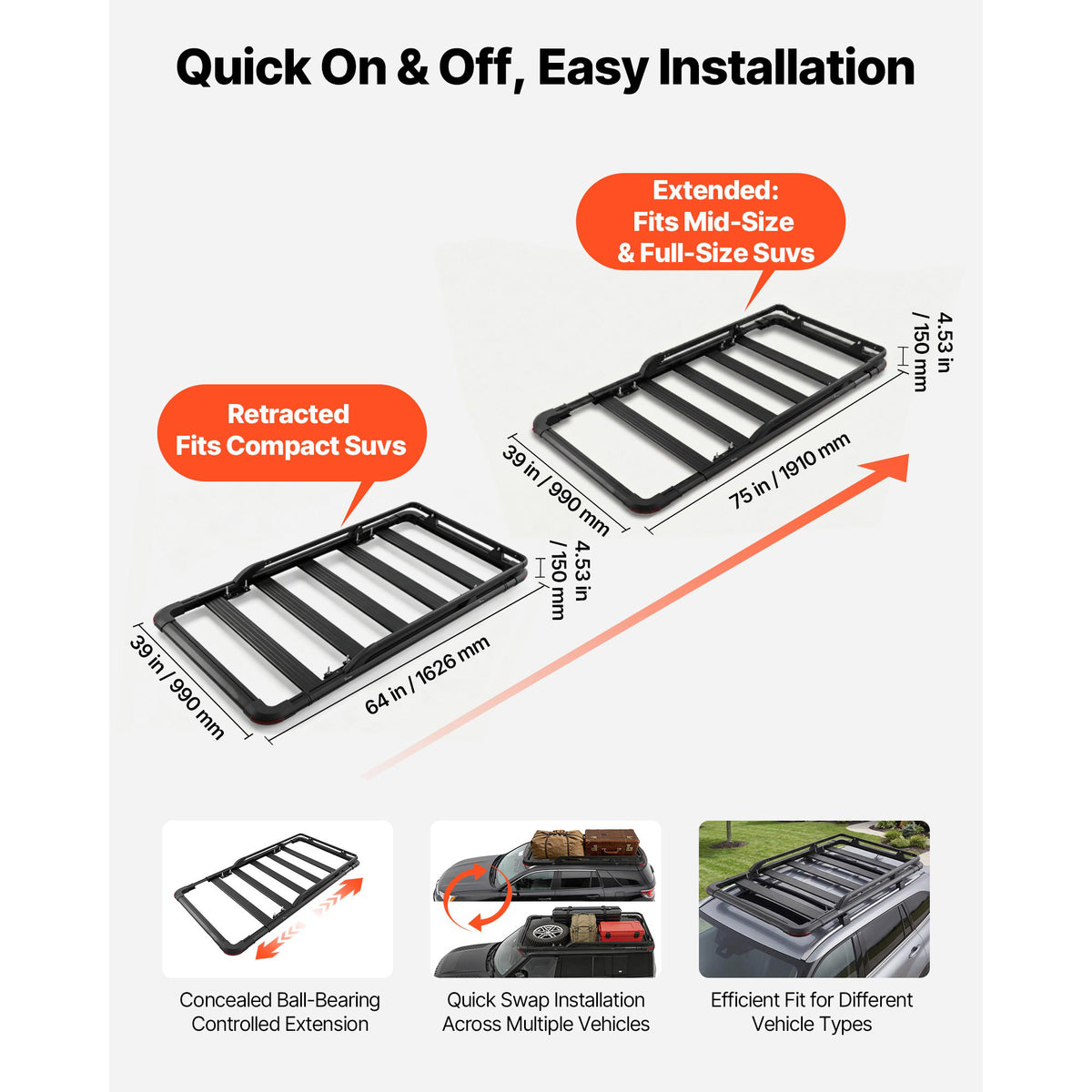 Roof Rack Cargo Basket 64 x 39 in, 200 lb Capacity with Extension – image 2